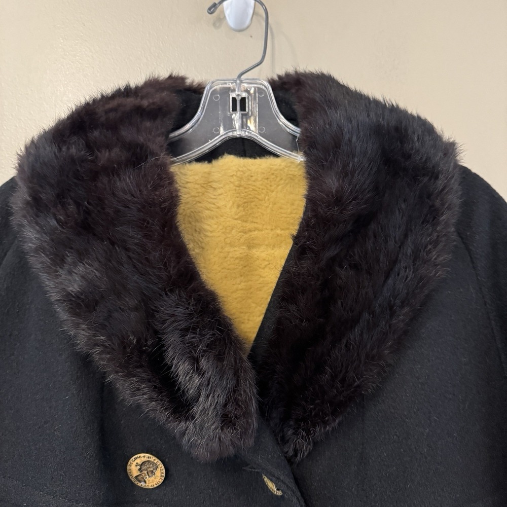 VTG Wool Trench Coat Women M Black Fur Lined & collar Brass Queen Elizabeth Btn - Picture 7 of 10